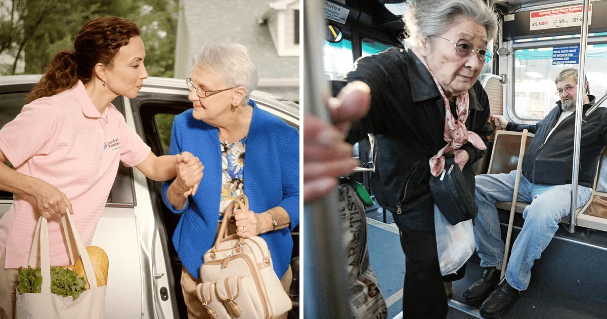 A woman in a pink shirt assists an elderly woman with groceries, while another elderly woman stands on a bus holding a bag.