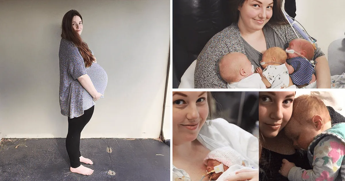 A pregnant woman stands in a room, then holds two premature babies, smiling in a hospital setting.