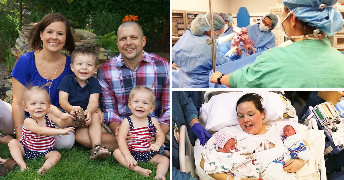 A family of four with two young children, a hospital scene with a newborn, and a mother holding her newborn baby.