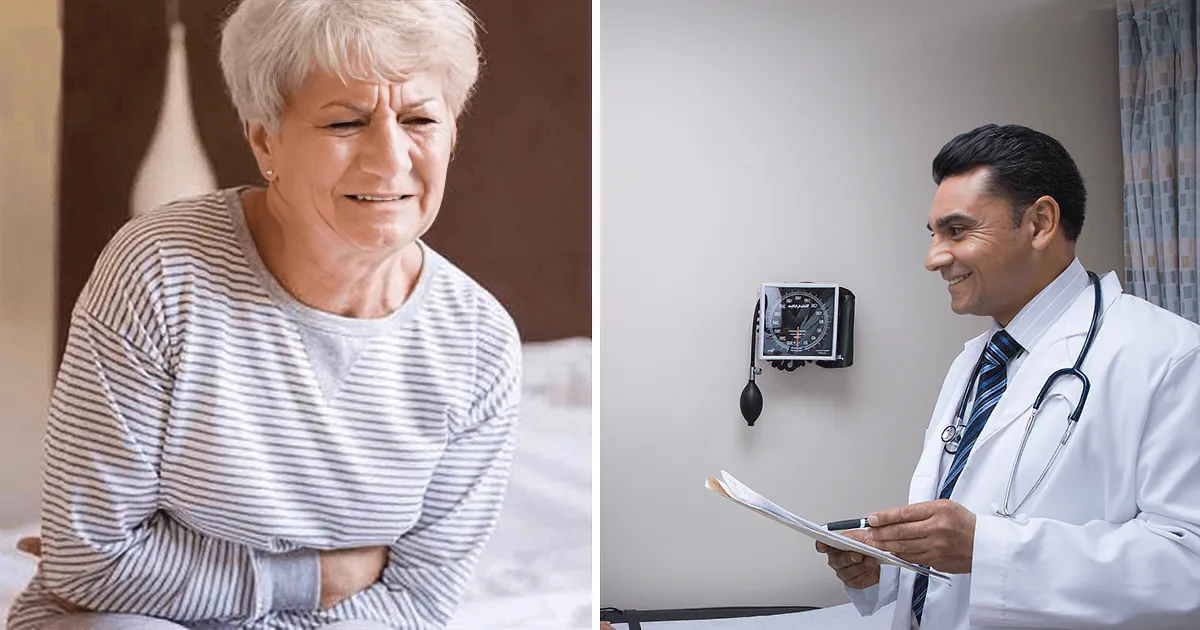 An elderly woman in pajamas appears distressed, while a doctor smiles, holding a clipboard in a medical setting.