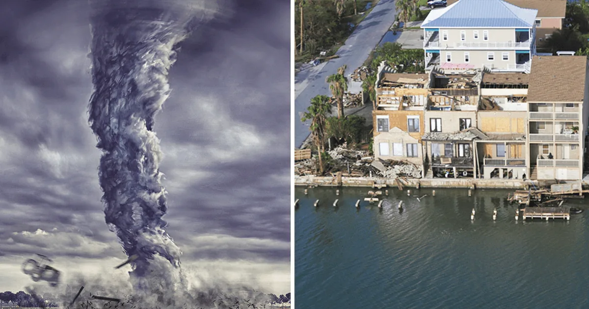 A tornado and a damaged coastal area with destroyed buildings and debris.