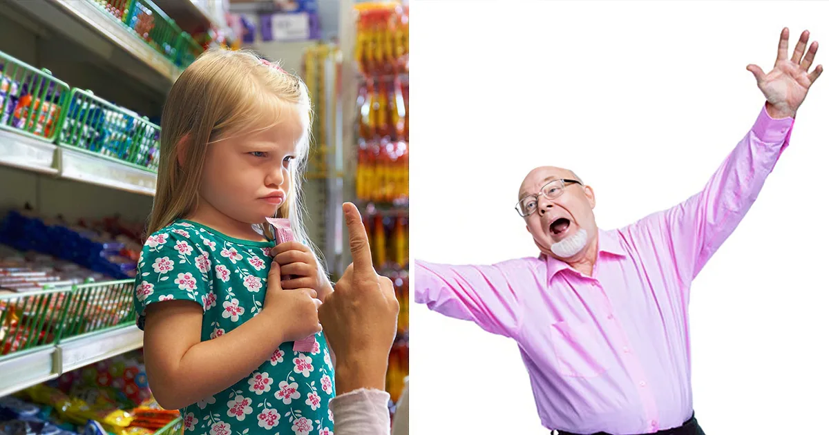 A young girl in a grocery store looks upset as an older man in a pink shirt celebrates enthusiastically.