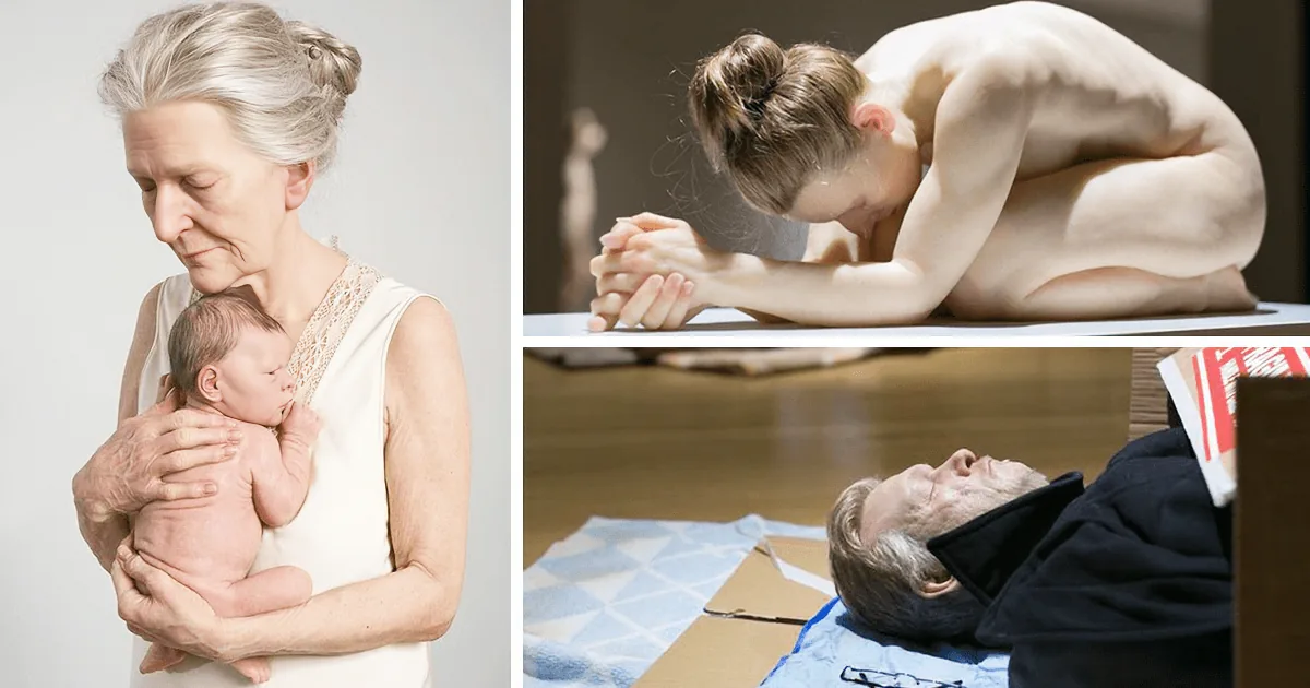 A woman holds a newborn baby, while another woman practices yoga, and a man rests on a blanket.