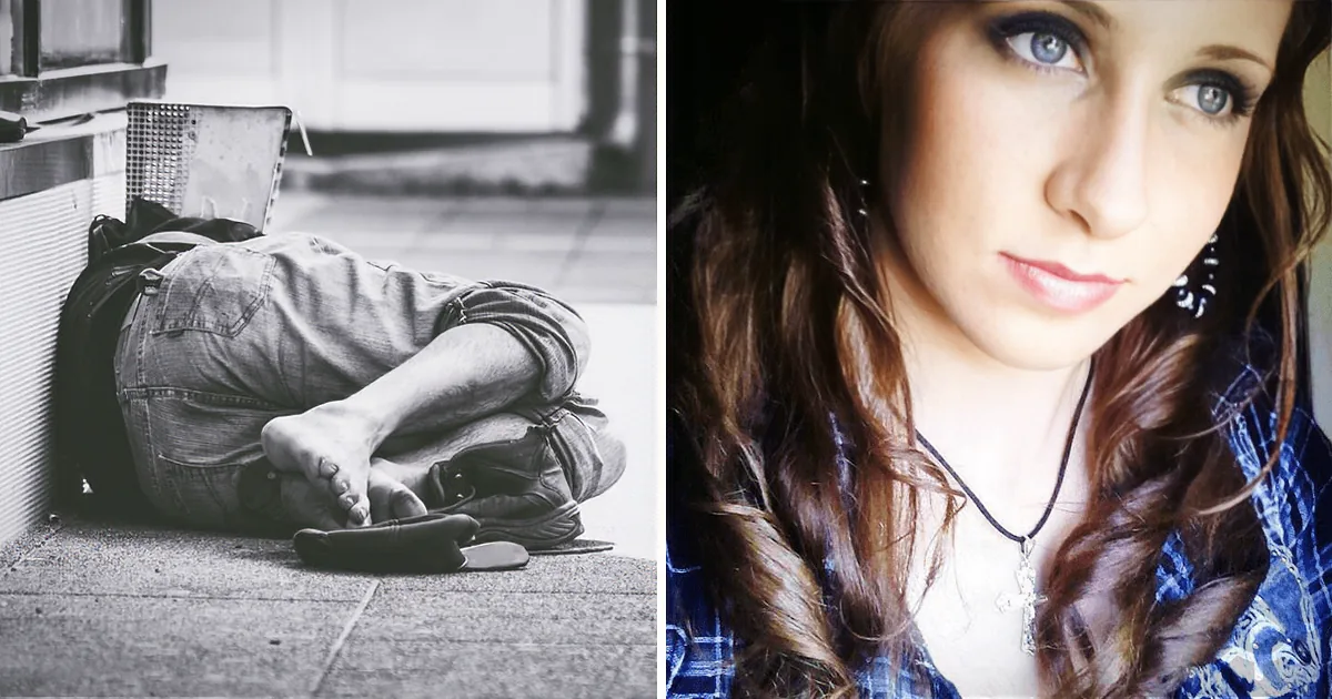 A person in jeans lies on the ground, while a woman with long hair and a cross necklace looks directly at the camera.