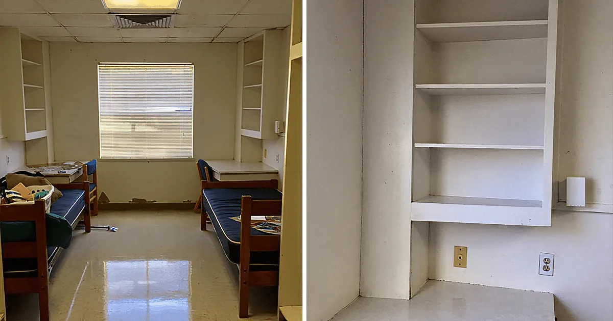 A dorm room with a desk, chairs, and shelves, alongside a close-up of a white shelf and outlets.
