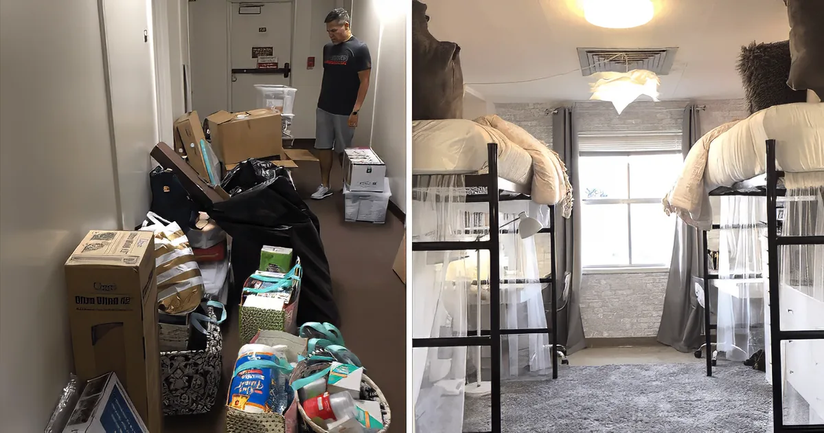 A man stands amidst unpacked boxes and gifts in a dorm room, which later appears clean and organized with bunk beds and a...