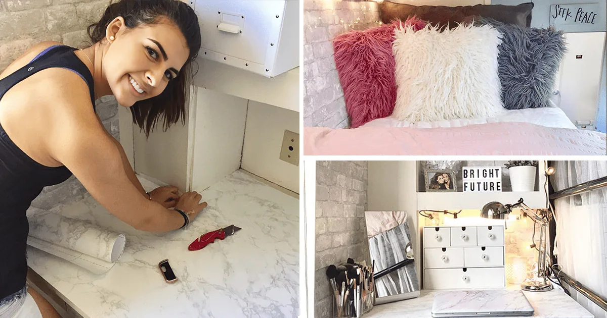 A woman smiles as she works on a marble countertop, surrounded by crafting tools, while a cozy bedroom with fluffy...