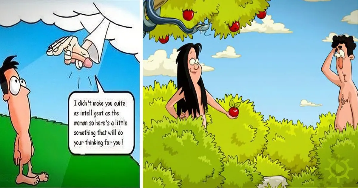 Adam, naked, receives a snake from God, Eve offers him an apple, both in a garden.