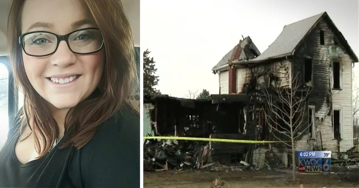 A woman smiling in a selfie and a burned-out house with a yellow caution tape around it.