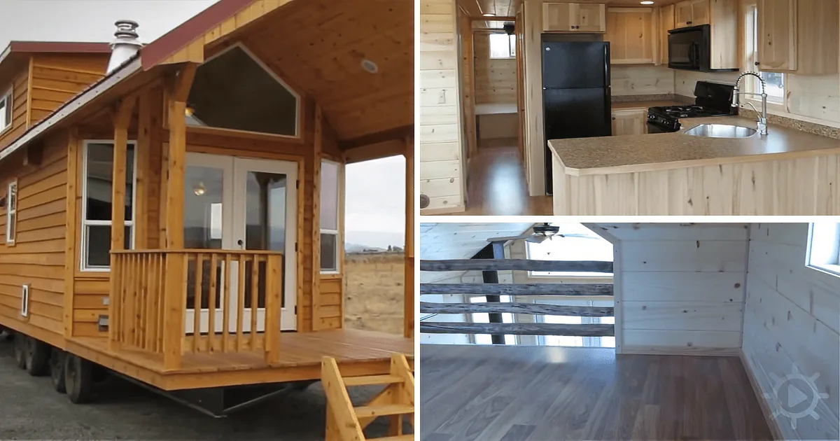 A cozy wooden tiny house with a deck, kitchen, and rustic interior.