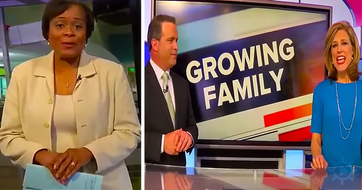 A news anchor in a white suit stands at a desk, while another anchor in a blue dress stands beside a "Growing Family" sign.