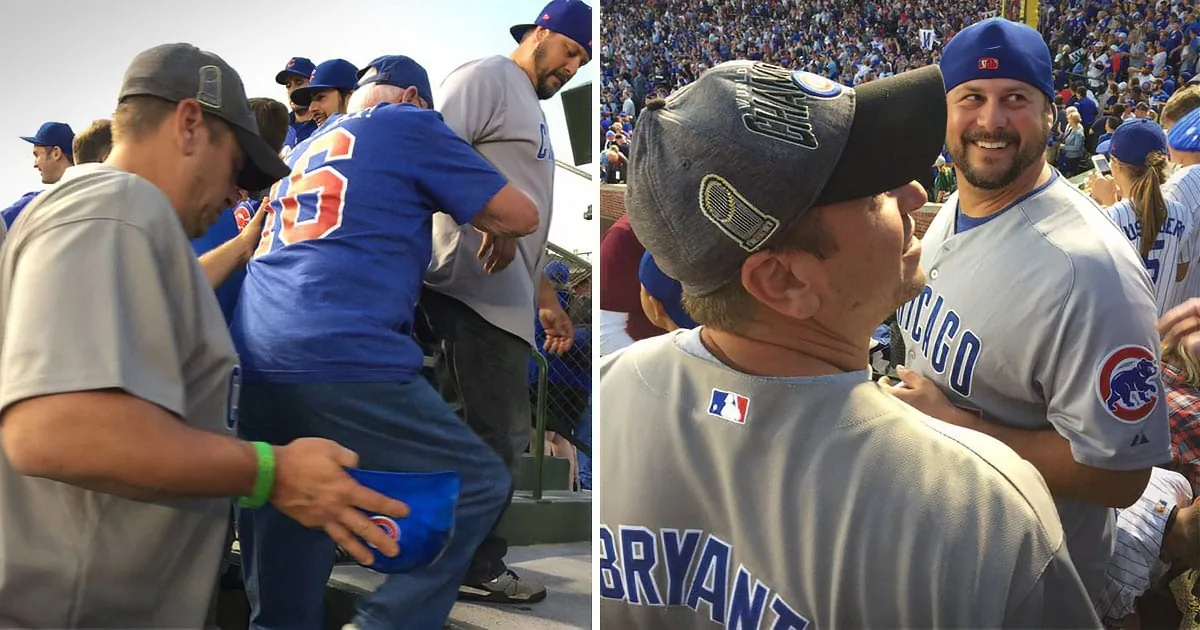 A man in a Cubs jersey is being congratulated by teammates and fans at a baseball game.