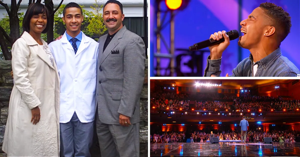 A man in a lab coat stands with two others, while another image shows a person singing on stage in front of a large audience.