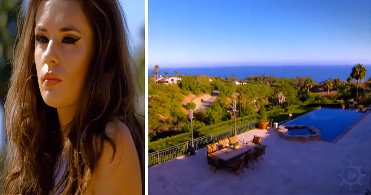 A woman with long brown hair is on the left, and a luxurious outdoor patio with a view of the ocean is on the right.