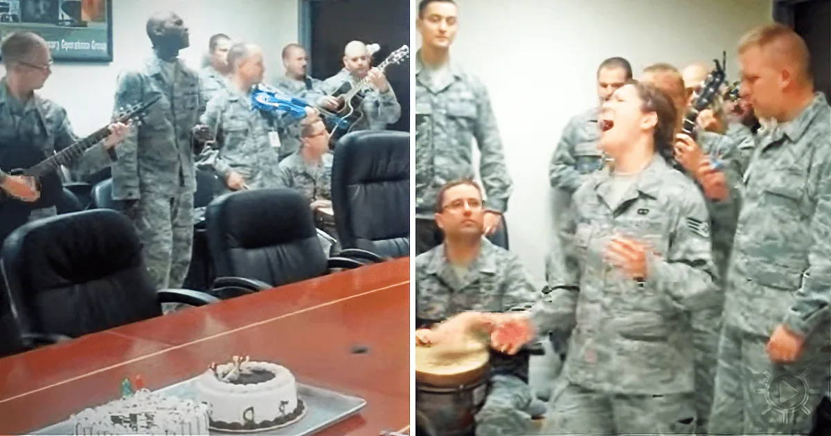 A soldier in uniform sings passionately while others play instruments and watch in a room.