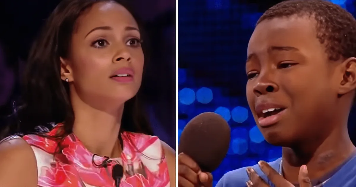 A woman in a floral dress looks concerned, while a young boy holds a microphone, appearing to sing or speak.