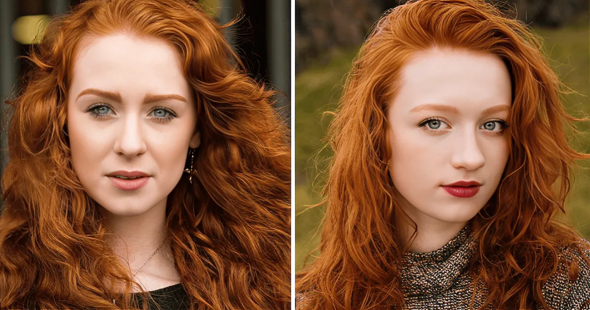 Three different angles of a woman with red hair and freckles, wearing different outfits and expressions.