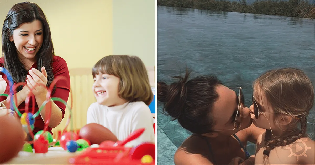 A woman and child laugh joyfully, one scene by a colorful toy, another by a body of water.