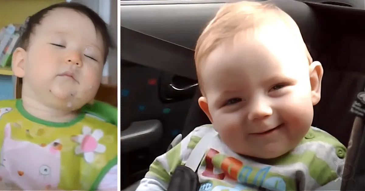 A baby in a bib smiles in a car seat while another baby looks sleepy nearby.