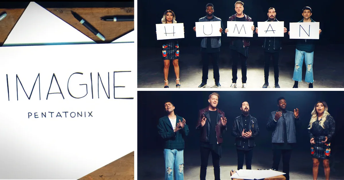 Pentatonix performs with "Imagine" logo and members holding "HUMAN" sign.