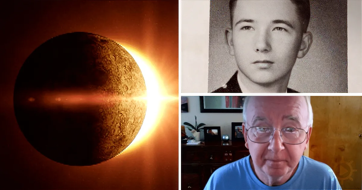 A partial solar eclipse, a young man in a black-and-white photo, and an older man in a color photo.