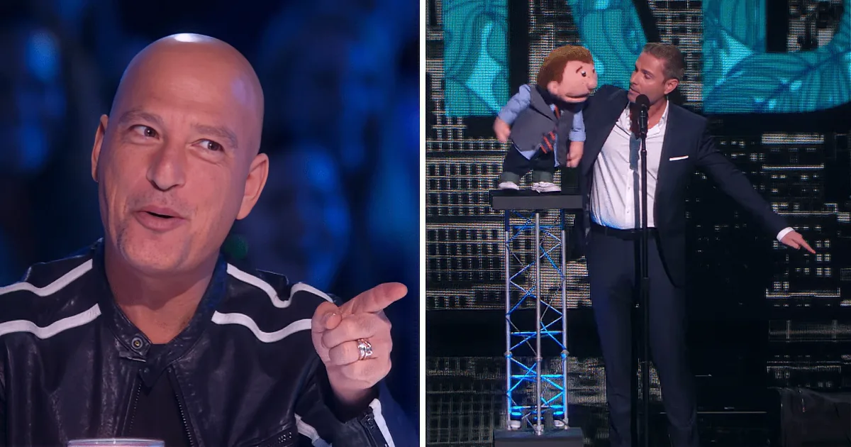 A man in a black leather jacket points while another man in a suit holds a puppet on stage.