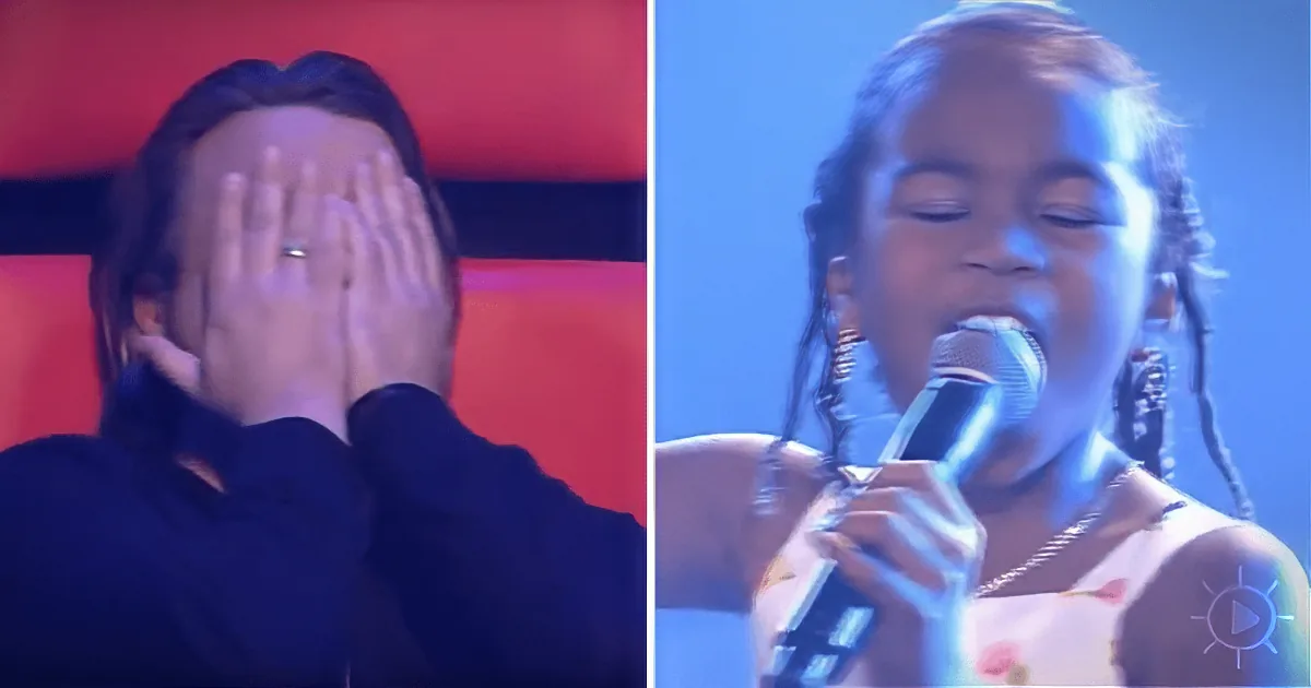 A person covers their face with their hands, while another sings into a microphone with a blue light background.