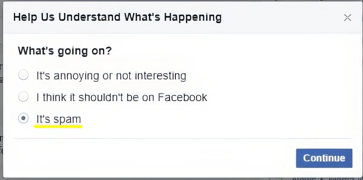A Facebook interface shows a feedback form asking users to report content as spam.