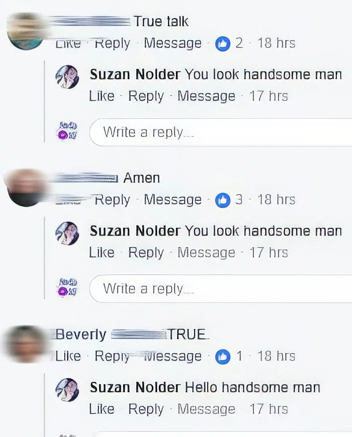 Suzan Nolder repeatedly compliments a man on his looks in a Facebook conversation.