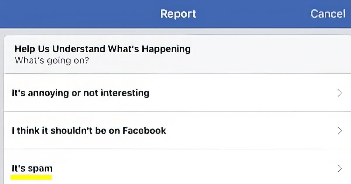 A Facebook report page with options to report spam.