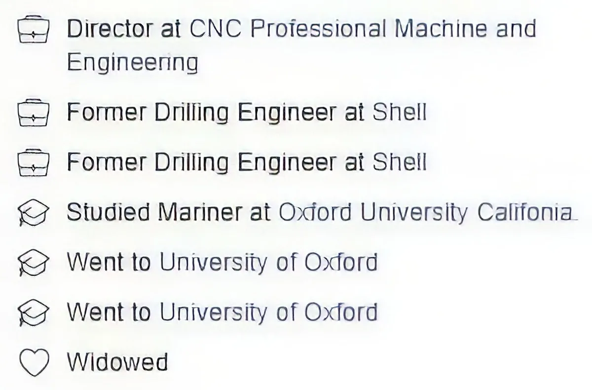 A LinkedIn profile with roles, education, and marital status.