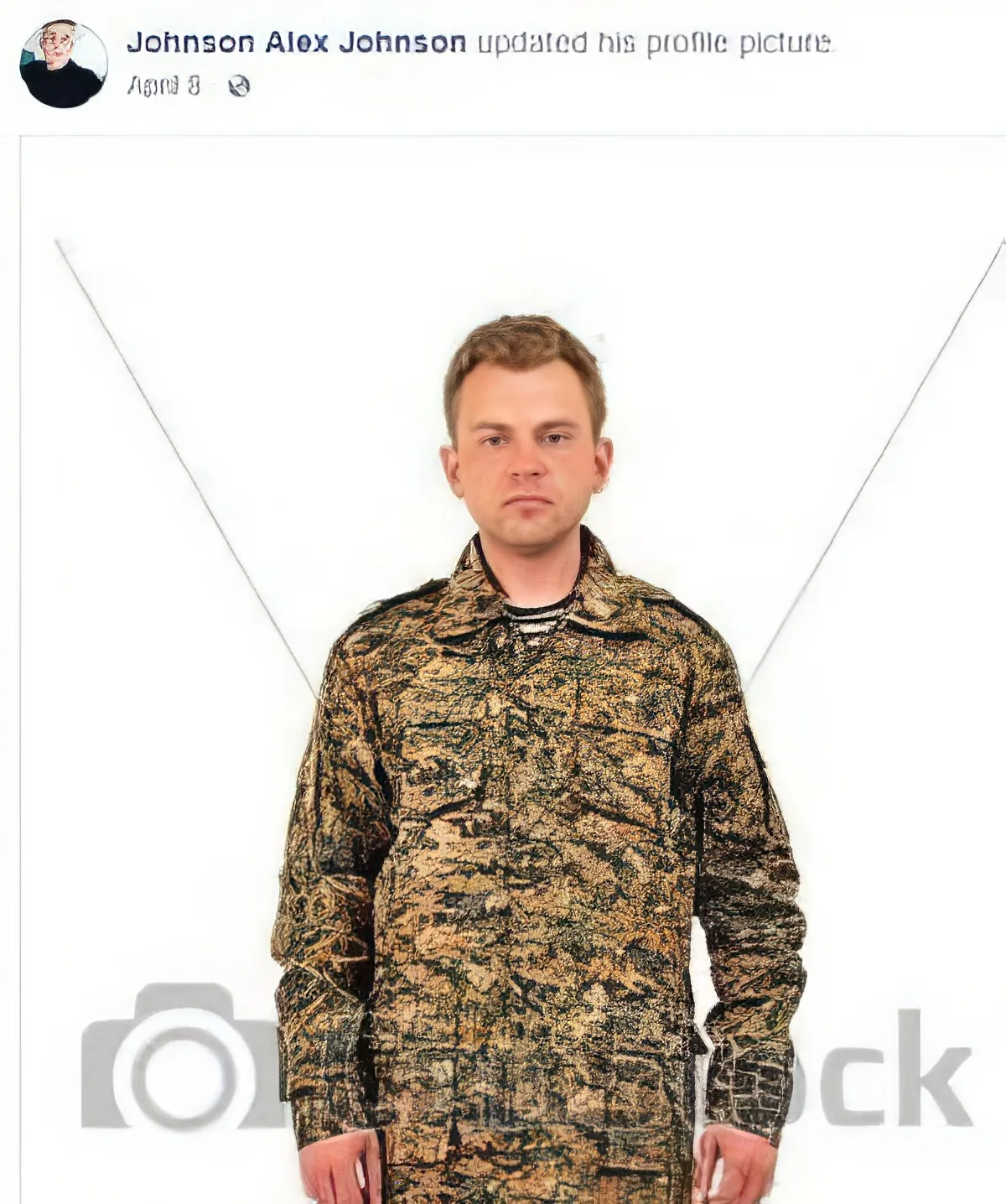 A man in camouflage military uniform stands against a white background, with a Facebook post header above him.