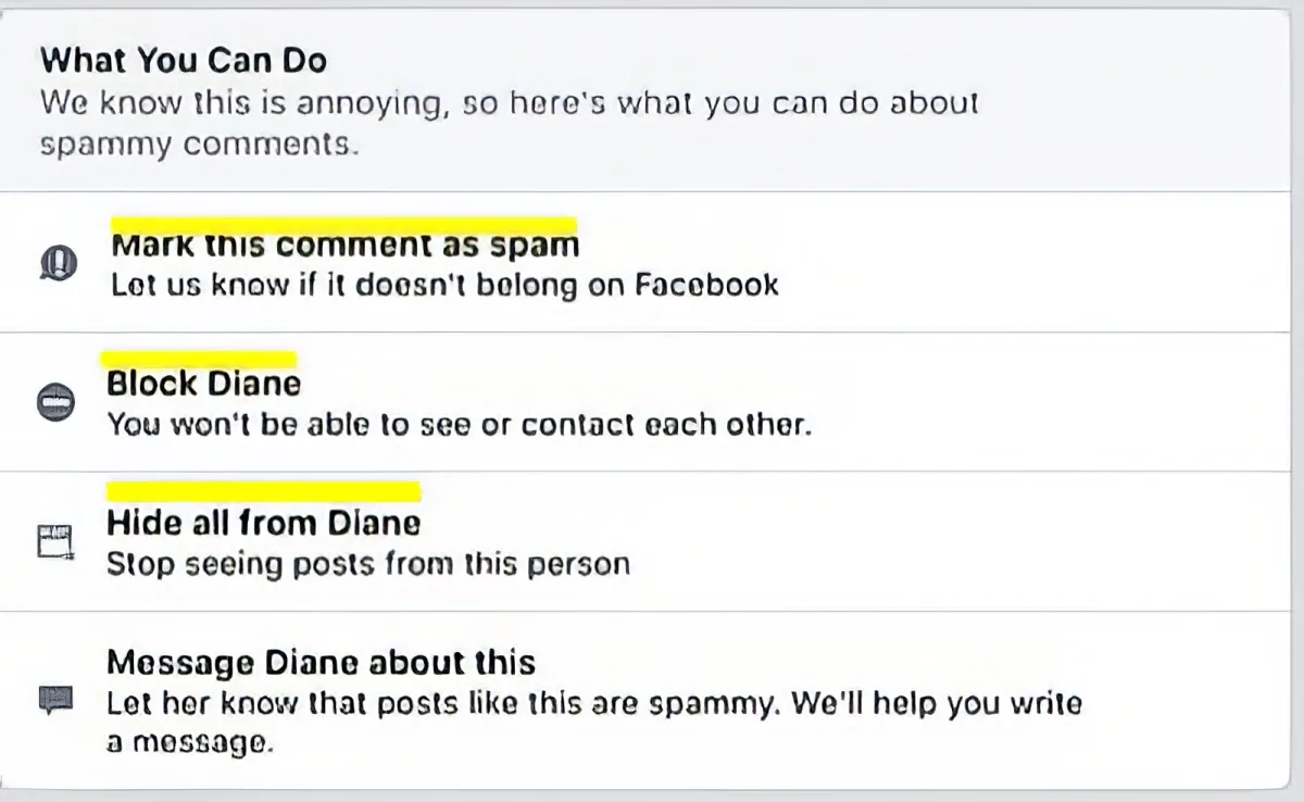Options for dealing with spam comments on Facebook, including marking as spam, blocking, hiding, and reporting.