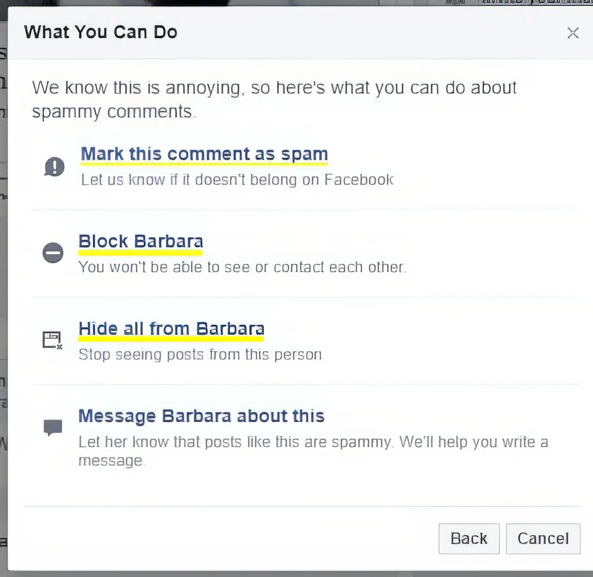 Facebook's options for dealing with spammy comments, including marking as spam, blocking, hiding, or messaging the commenter.
