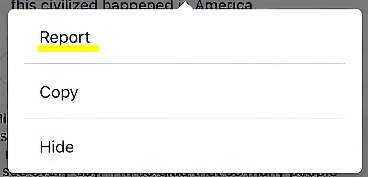 A screenshot shows a menu with options "Report," "Copy," and "Hide" highlighted.