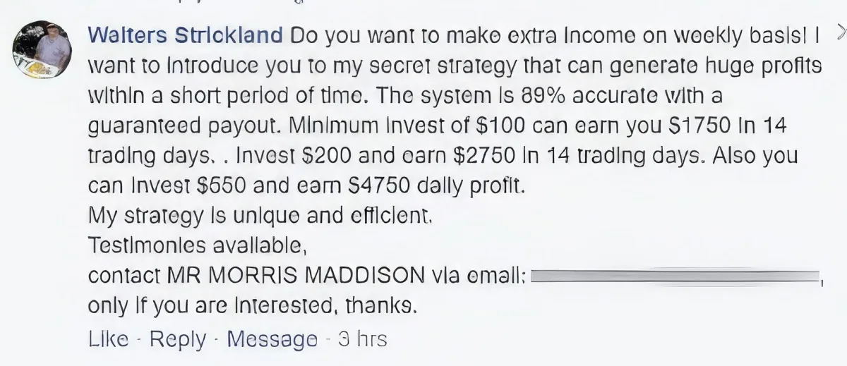 Walters Strickland promotes a trading system promising high profits with guaranteed payouts, requiring minimum...