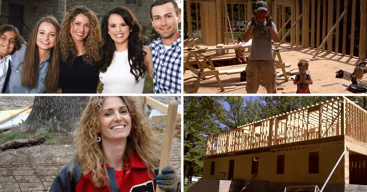 A family is shown in various stages of building a house, from smiling together to actively working on the construction site.