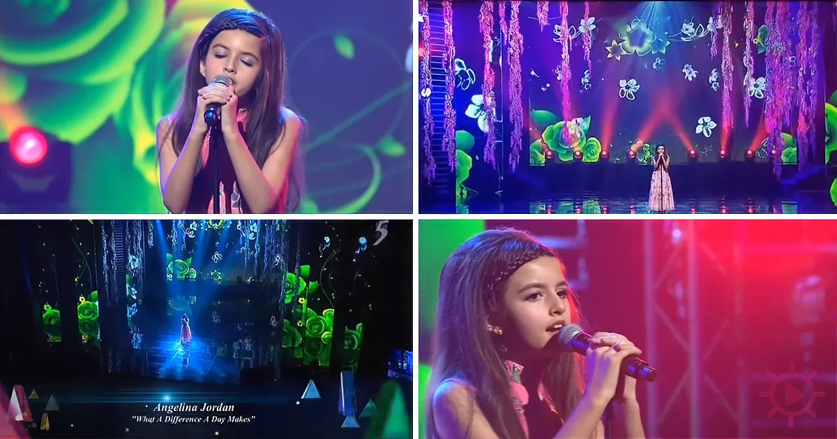 A young girl sings passionately on stage with vibrant, colorful lighting and floral decorations.