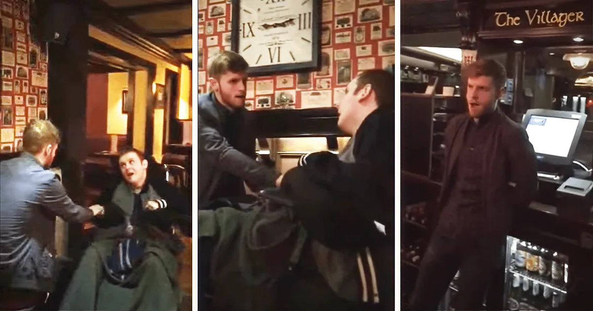 A man in a dark jacket is engaged in a physical altercation with another man in a green jacket in a bar setting.