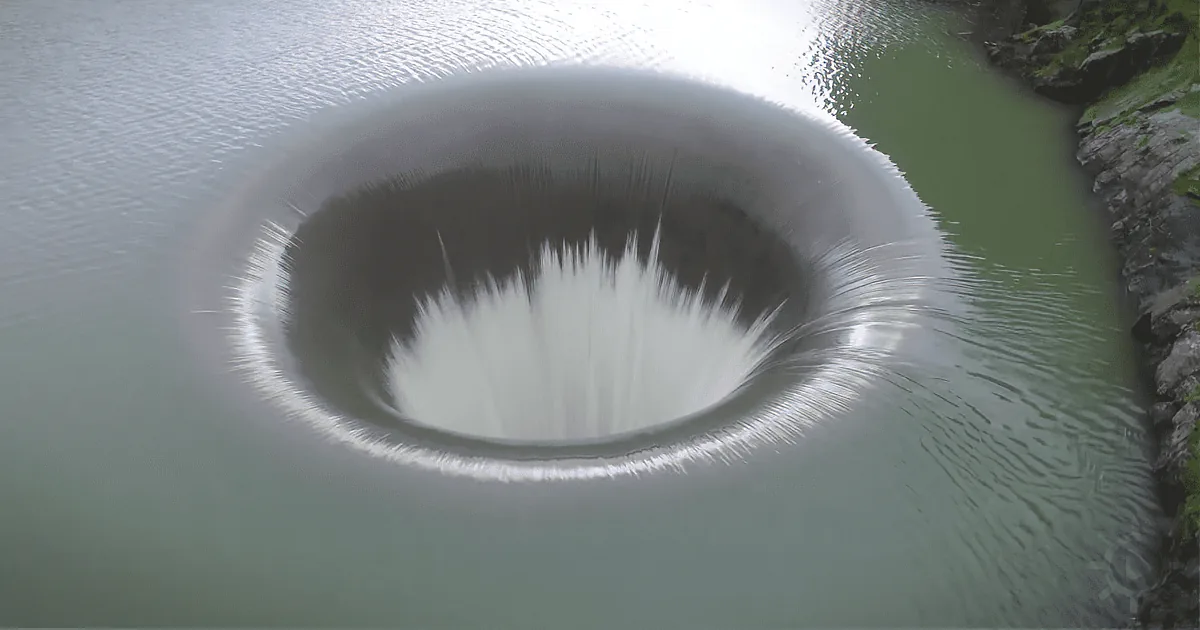 A large circular vortex in a body of water, creating a swirling effect with ripples around it.