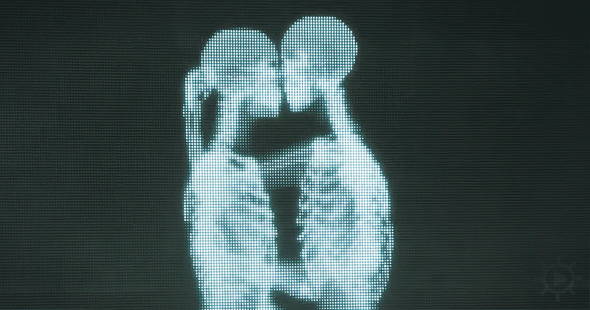 A pixelated silhouette of two people embracing, one holding the other's head.