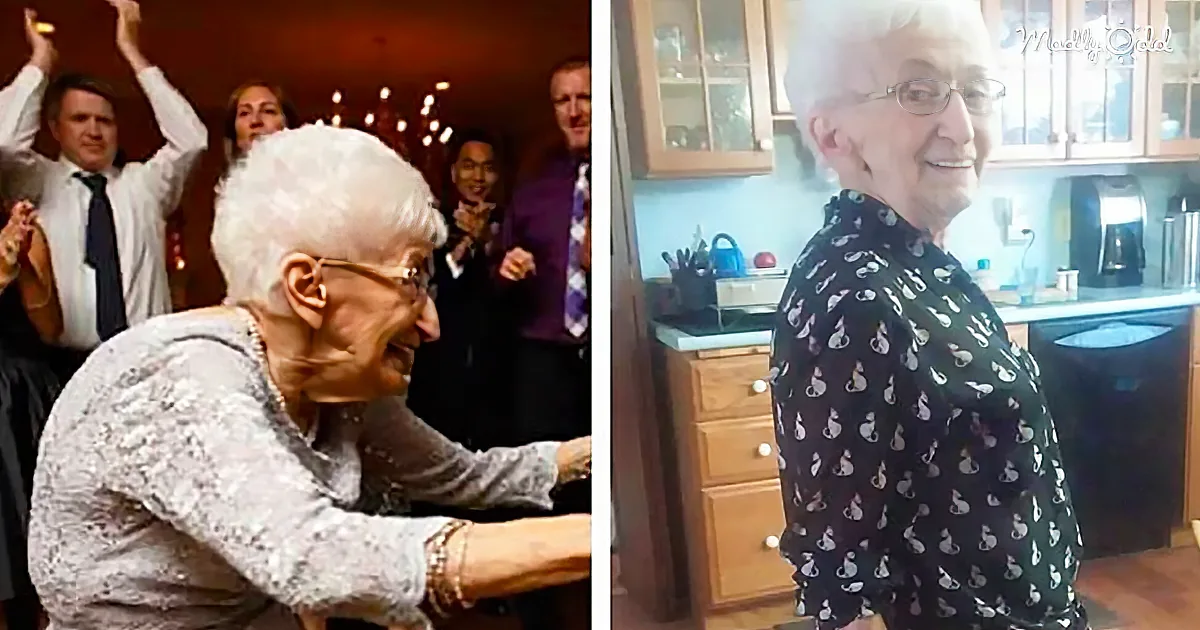 An elderly woman dances joyfully in two different settings, one at a formal event and another in a cozy kitchen.
