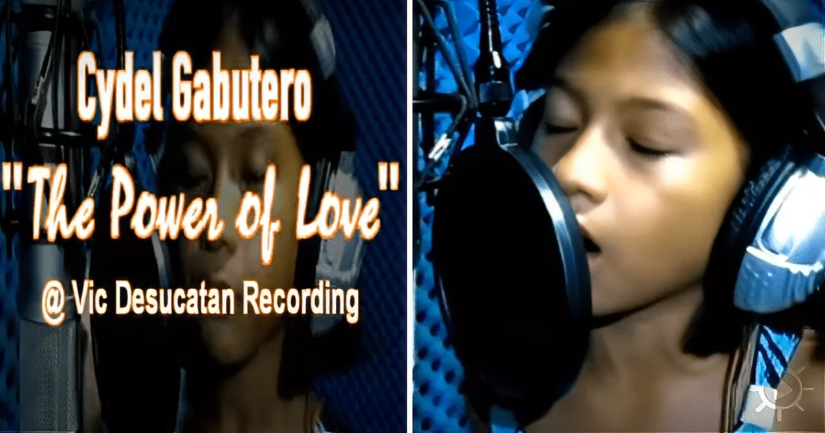A woman sings into a microphone in a recording studio, with text overlay mentioning "Cydel Gabutero" and "The Power of Love."
