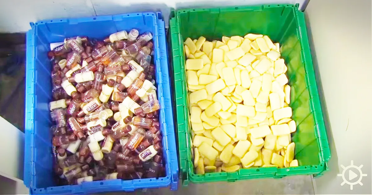 Two plastic crates, one blue with small purple and white items, one green with yellow rectangular pieces.