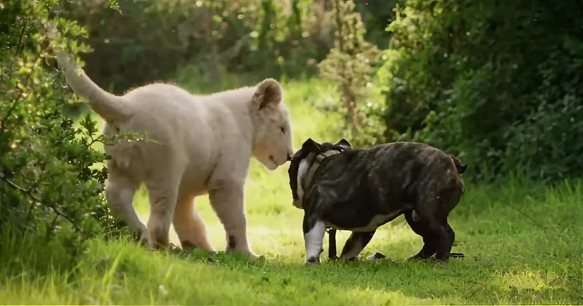 A white lion cub and a black dog are interacting in a grassy area surrounded by greenery.