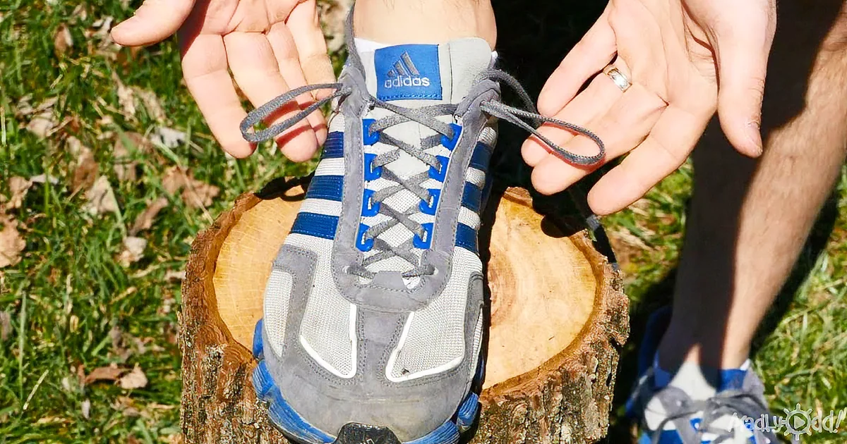 A person's hands adjust laces on a gray and blue Adidas shoe placed on a tree stump.