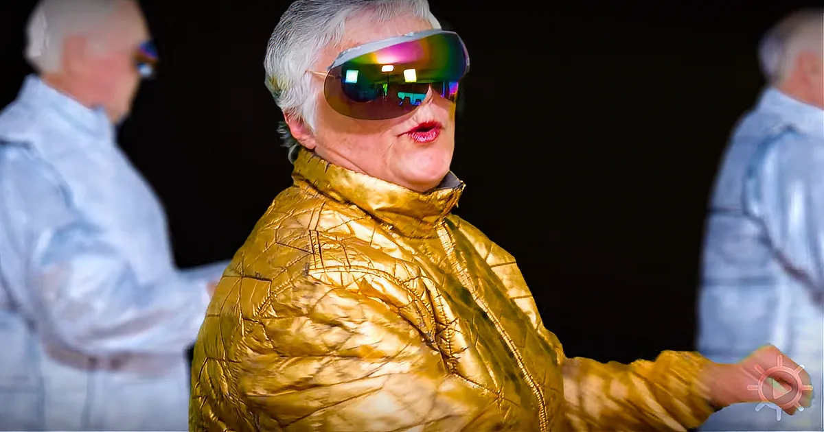 A person in a shiny gold jacket and reflective sunglasses stands out against a dark background.