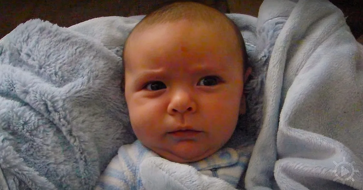 A baby with a curious expression lies wrapped in a soft, textured blanket.