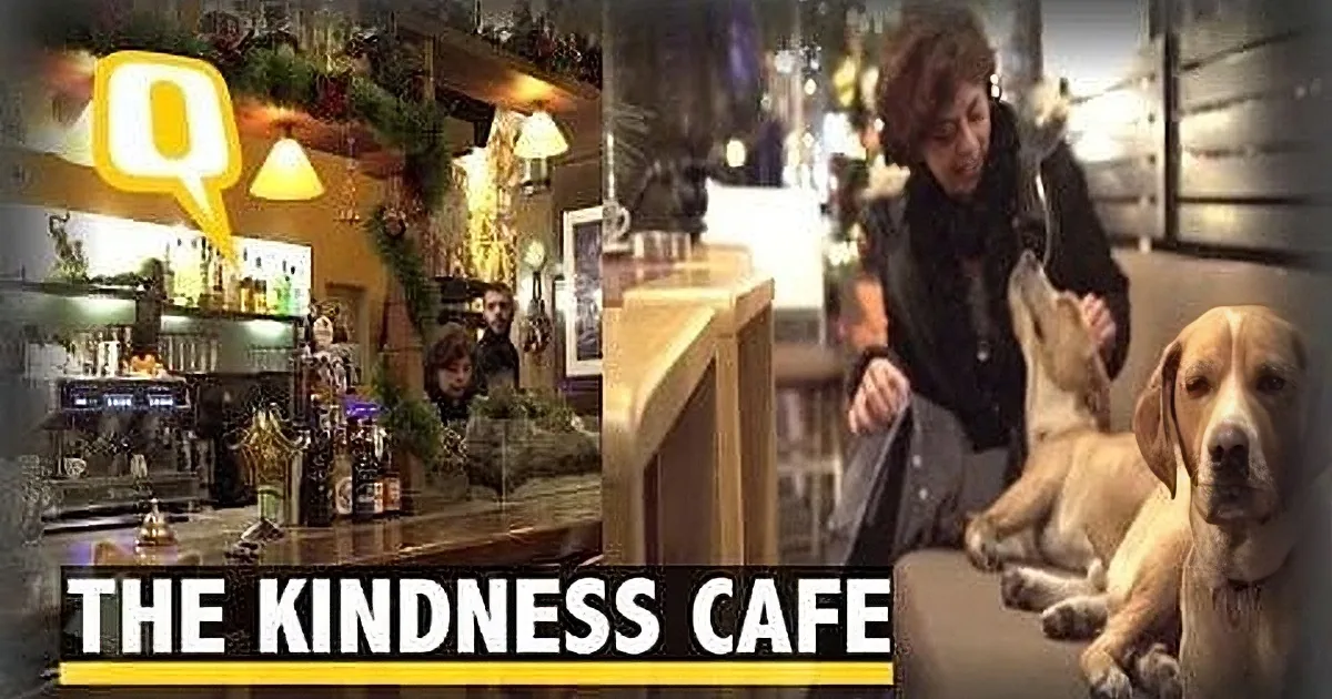 A woman pets a dog in a cozy, festive café setting with holiday decorations.