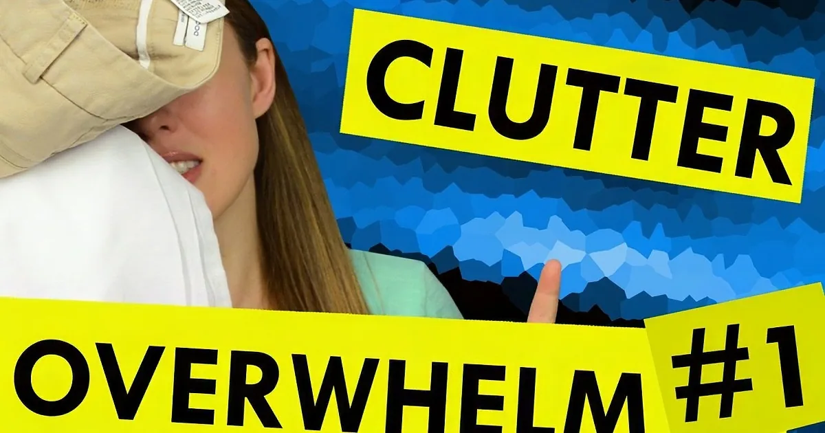 A woman with a hat covering her face, pointing, with "CLUTTER" and "OVERLOAD" text in bold yellow and black.